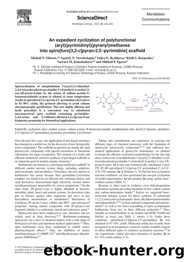 An expedient cyclization of polyfunctional (aryl)(pyrimidinyl)(pyranyl)methanes into spiro[furo[3,2-c]pyran-2,5â-pyrimidine] scaffold by unknow