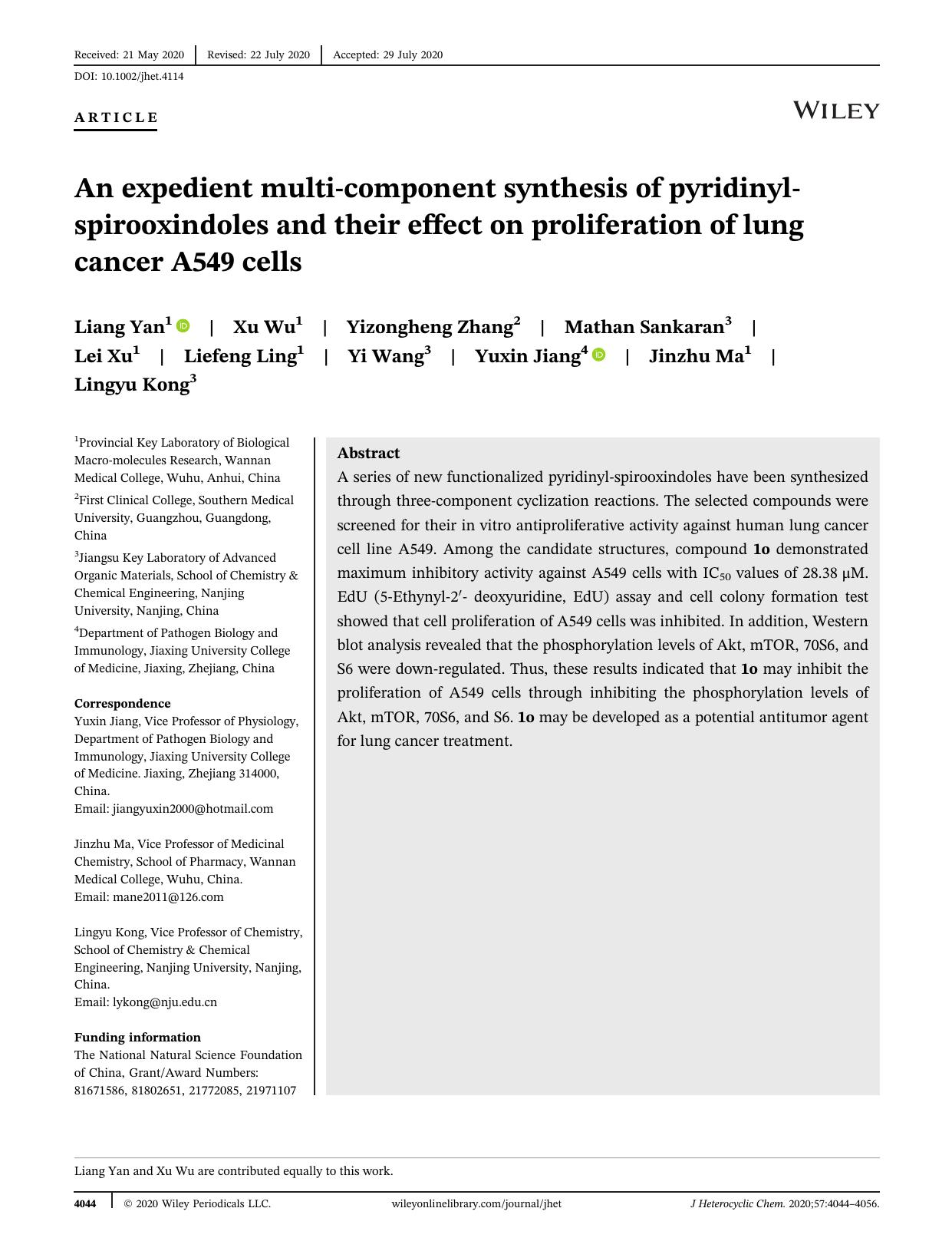An expedient multi-component synthesis of pyridinyl-spirooxindoles and their effect on proliferation of lung cancer A549 cells by Unknown