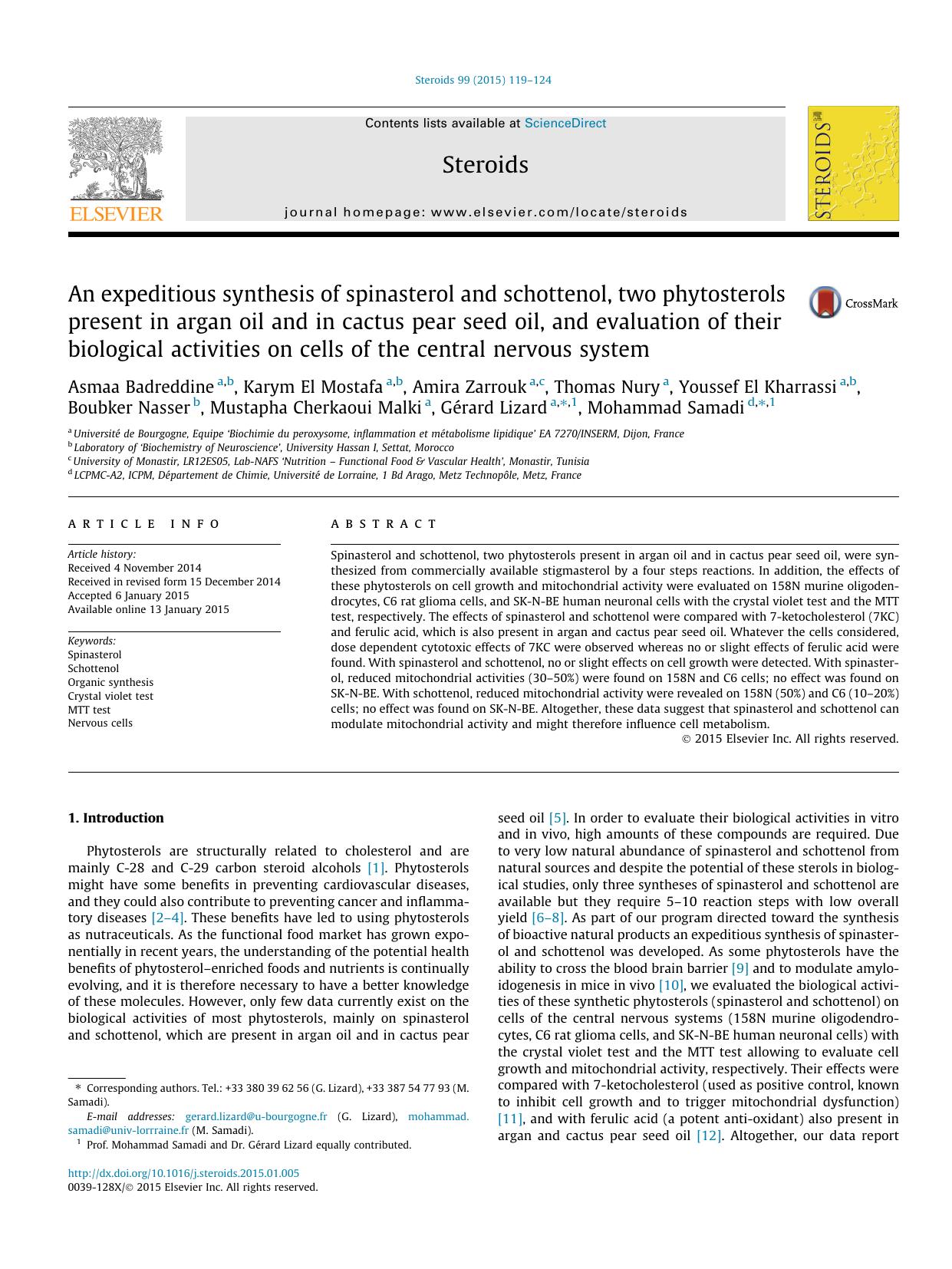 An expeditious synthesis of spinasterol and schottenol, two phytosterols present in argan oil and in cactus pear seed oil, and evaluation of their biological activities on cells of by unknow