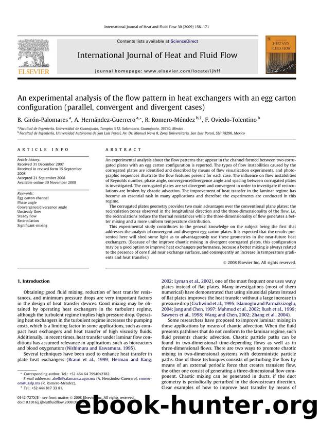 An experimental analysis of the flow pattern in heat exchangers with an egg carton configuration (parallel, convergent and divergent cases) by B. Girón-Palomares; A. Hernández-Guerrero; R. Romero-Méndez; F. Oviedo-Tolentino