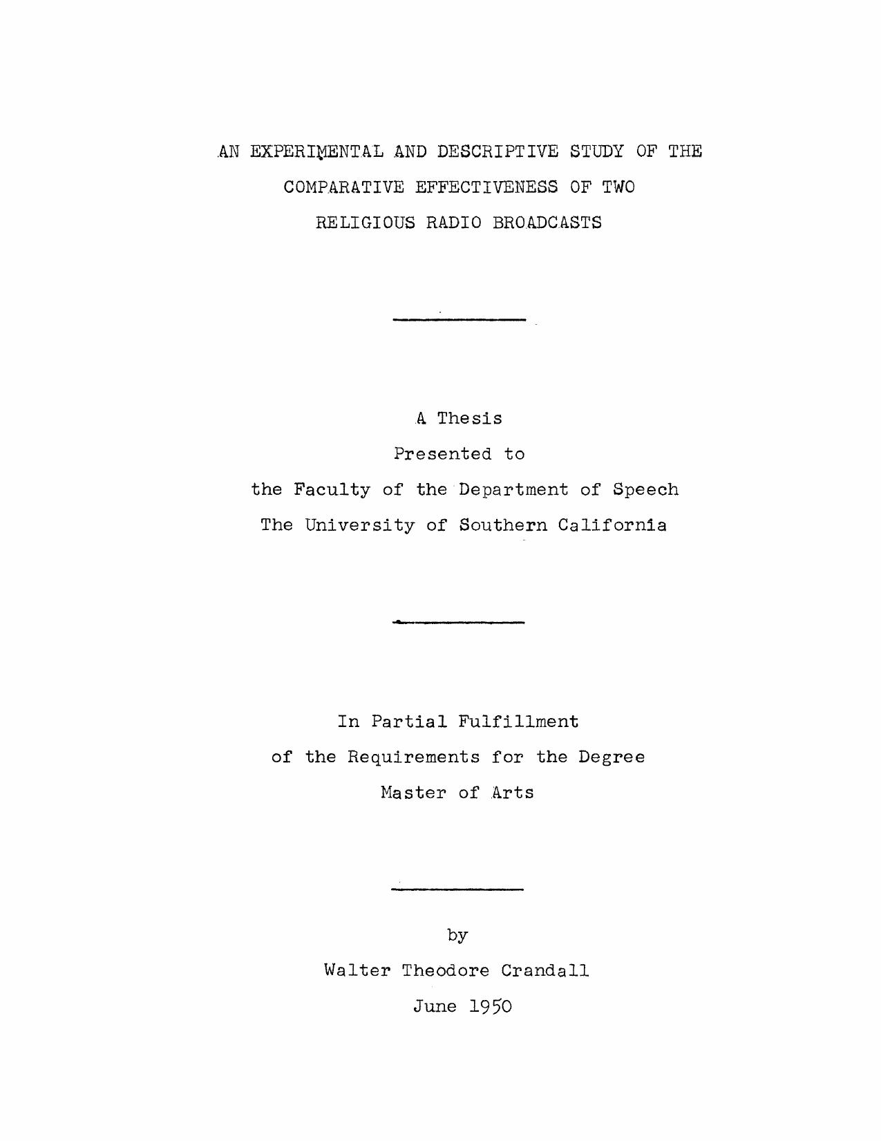 An experimental and descriptive study of the comparative effectiveness of two religious radio broadcasts by Crandall Walter Theodore