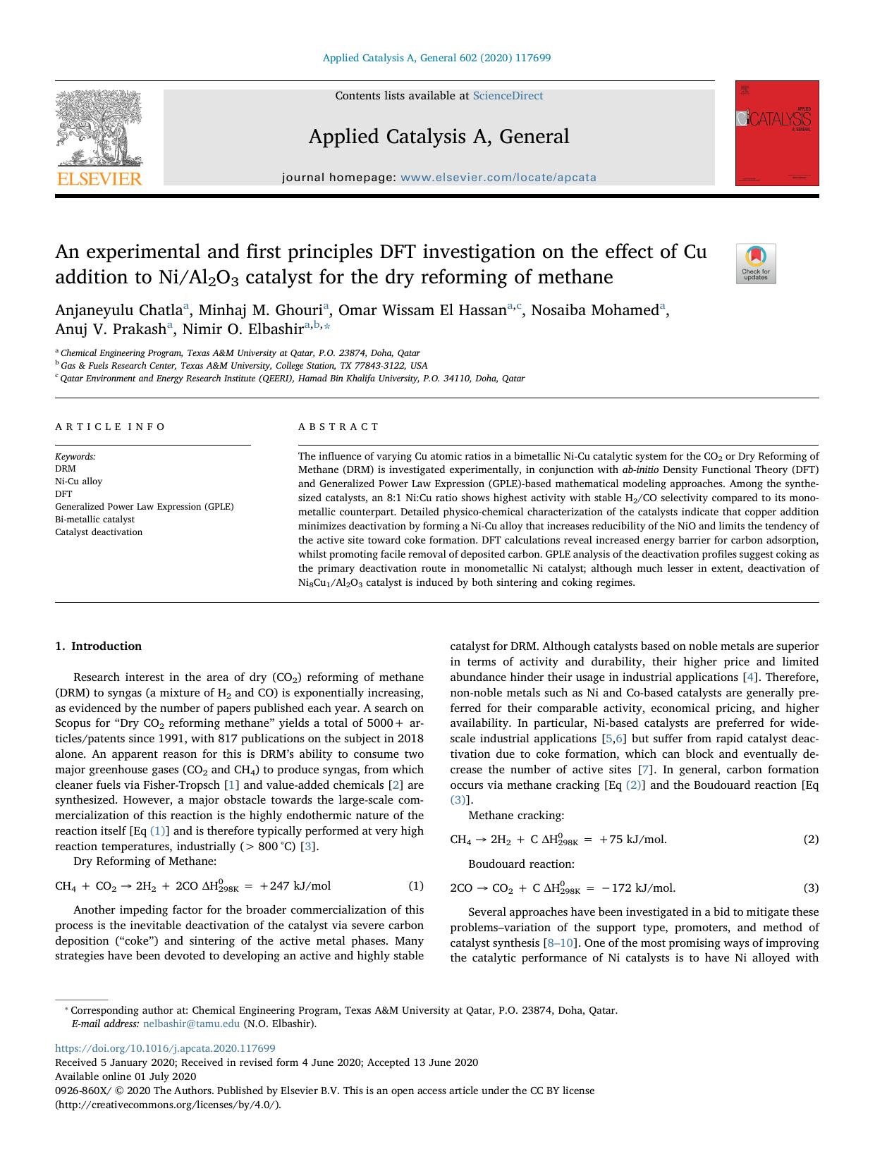 An experimental and first principles DFT investigation on the effect of Cu addition to NiAl2O3 catalyst for the dry reforming of methane by unknow