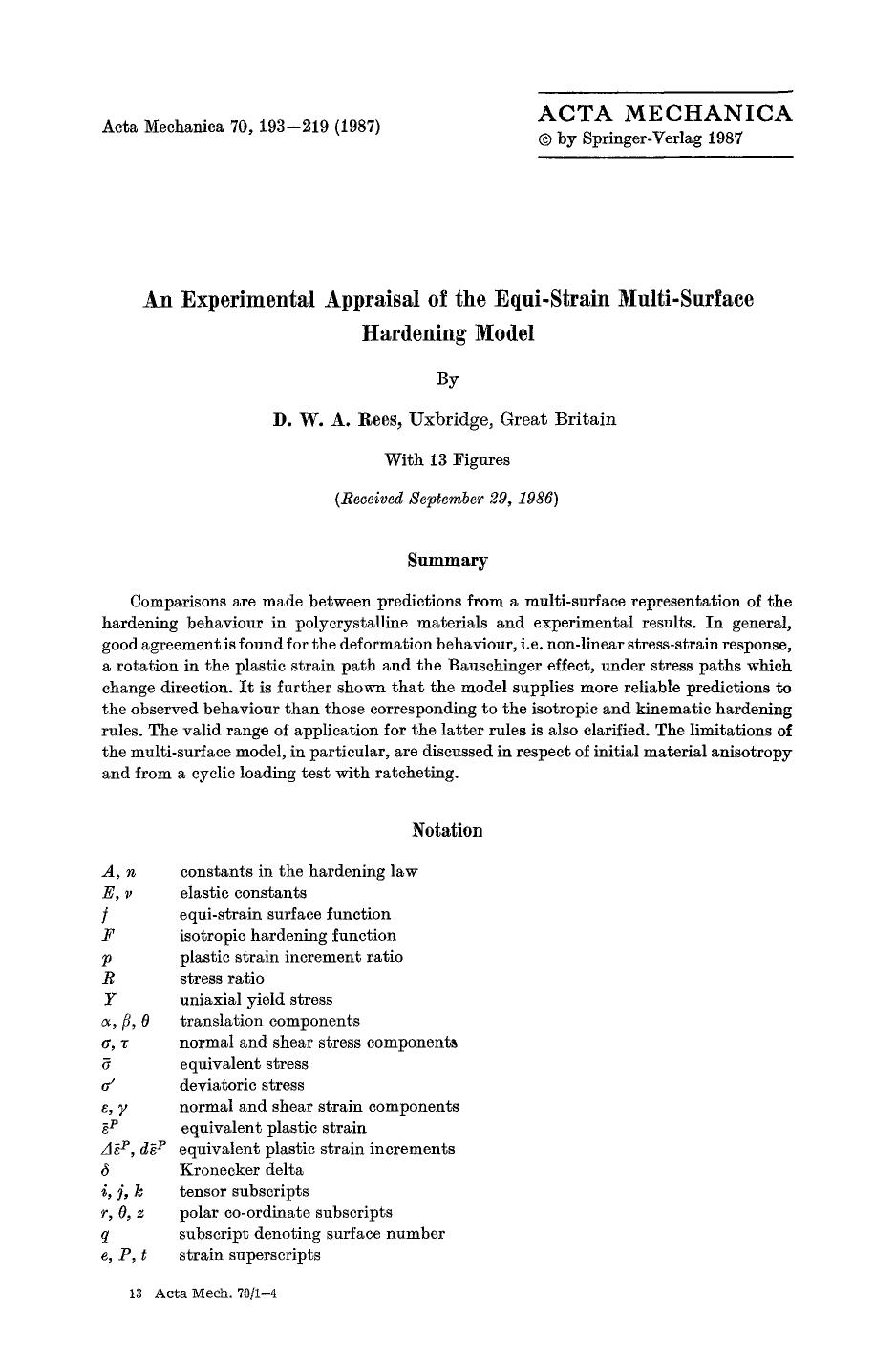 An experimental appraisal of the equi-strain multi-surface hardening model by Unknown