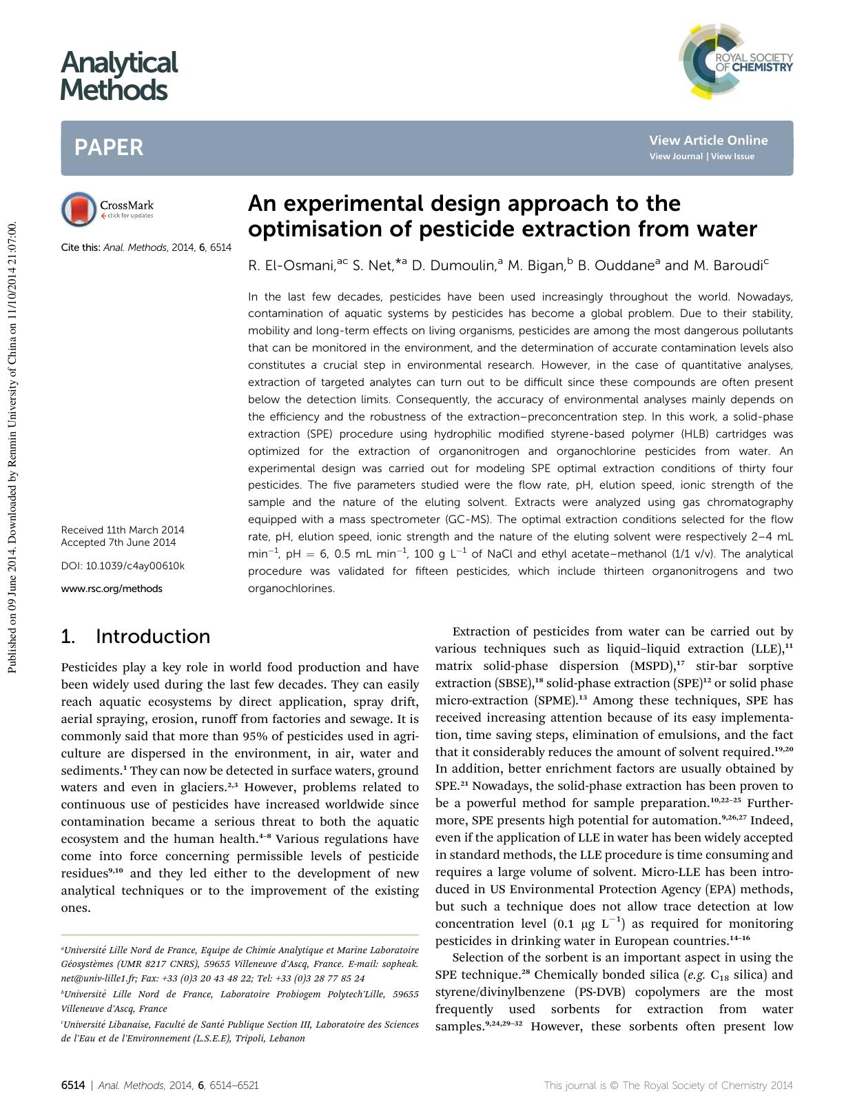 An experimental design approach to the optimisation of pesticide extraction from water by R. El-Osmani & S. Net & D. Dumoulin & M. Bigan & B. Ouddane & M. Baroudi