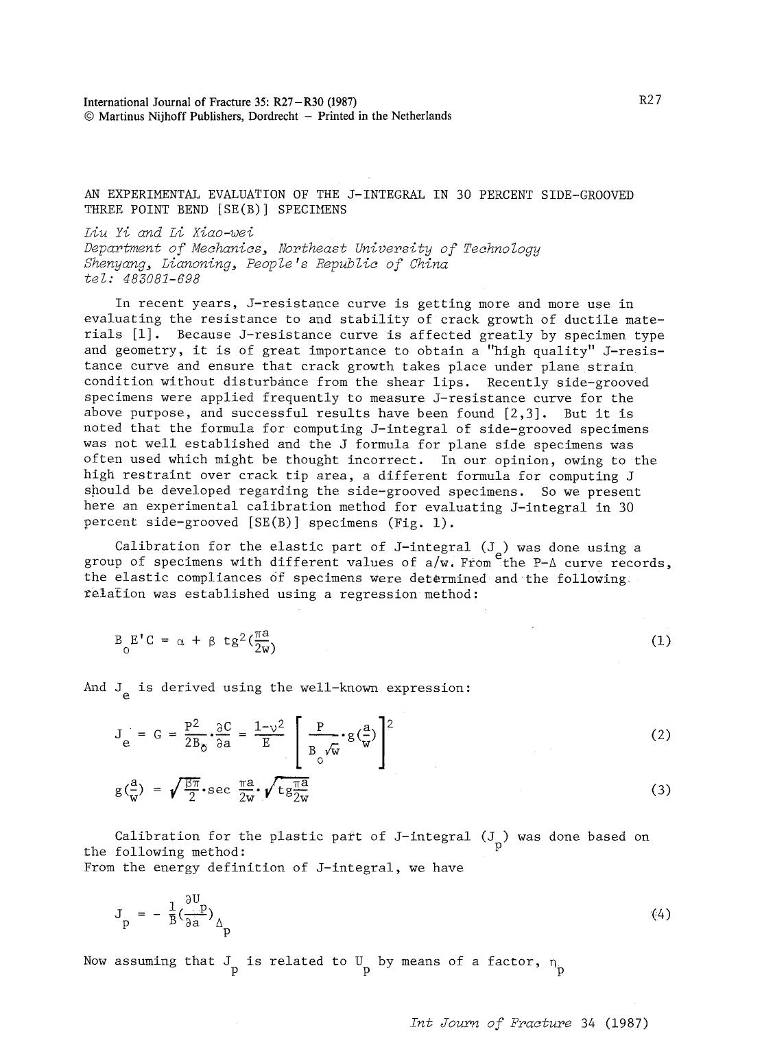 An experimental evaluation of the J-integral in 30 percent side-grooved three point bend [SE(B)] specimens by Unknown