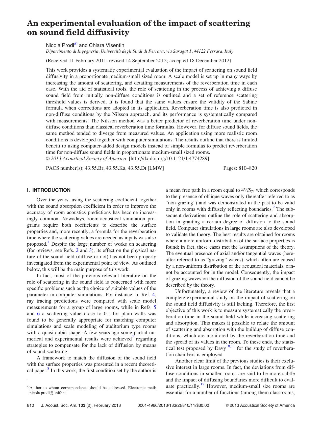 An experimental evaluation of the impact of scattering on sound field diffusivity by Nicola Prodia) and Chiara Visentin