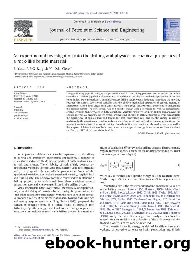 An experimental investigation into the drilling and physico-mechanical properties of a rock-like brittle material by E. Yaşar & P.G. Ranjith & D.R. Viete