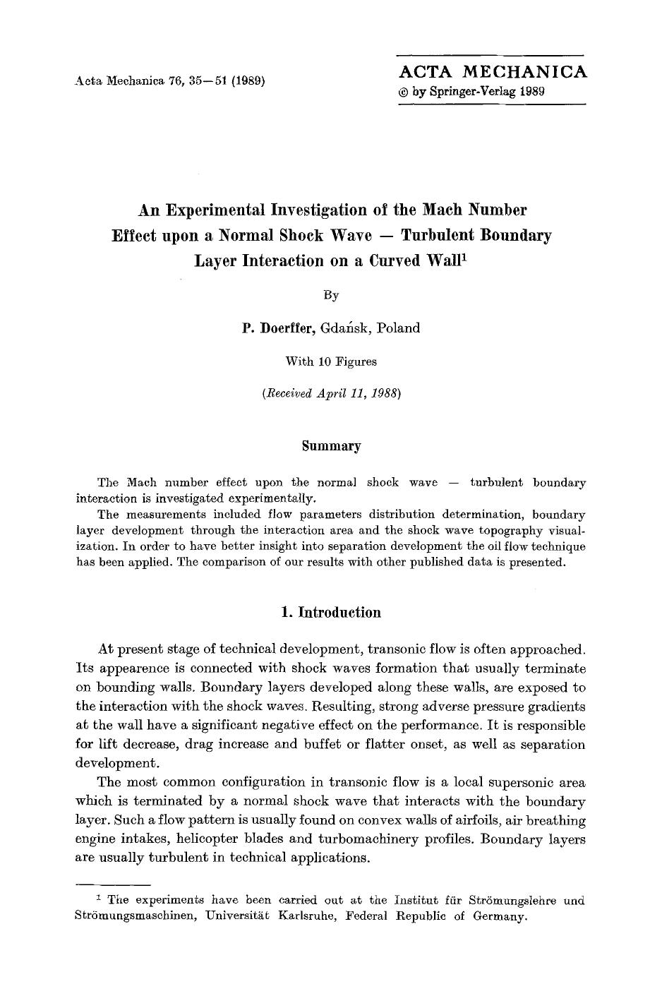 An experimental investigation of the Mach number effect upon a normal shock wave &#x2014; Tubulent boundary layer interaction on a curved wall by Unknown