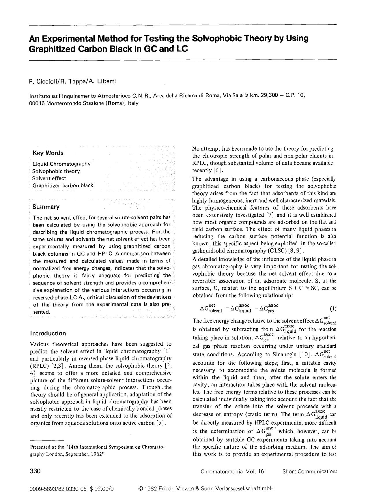 An experimental method for testing the solvophobic theory by using graphitized carbon black in GC and LC by Unknown