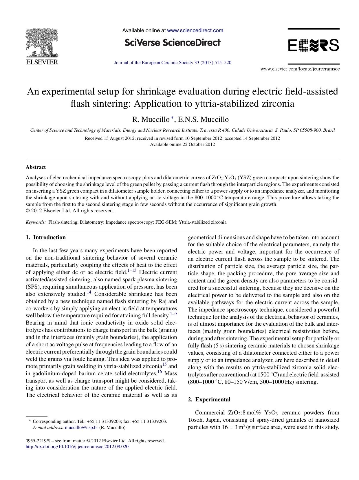 An experimental setup for shrinkage evaluation during electric field-assisted flash sintering: Application to yttria-stabilized zirconia by R. Muccillo