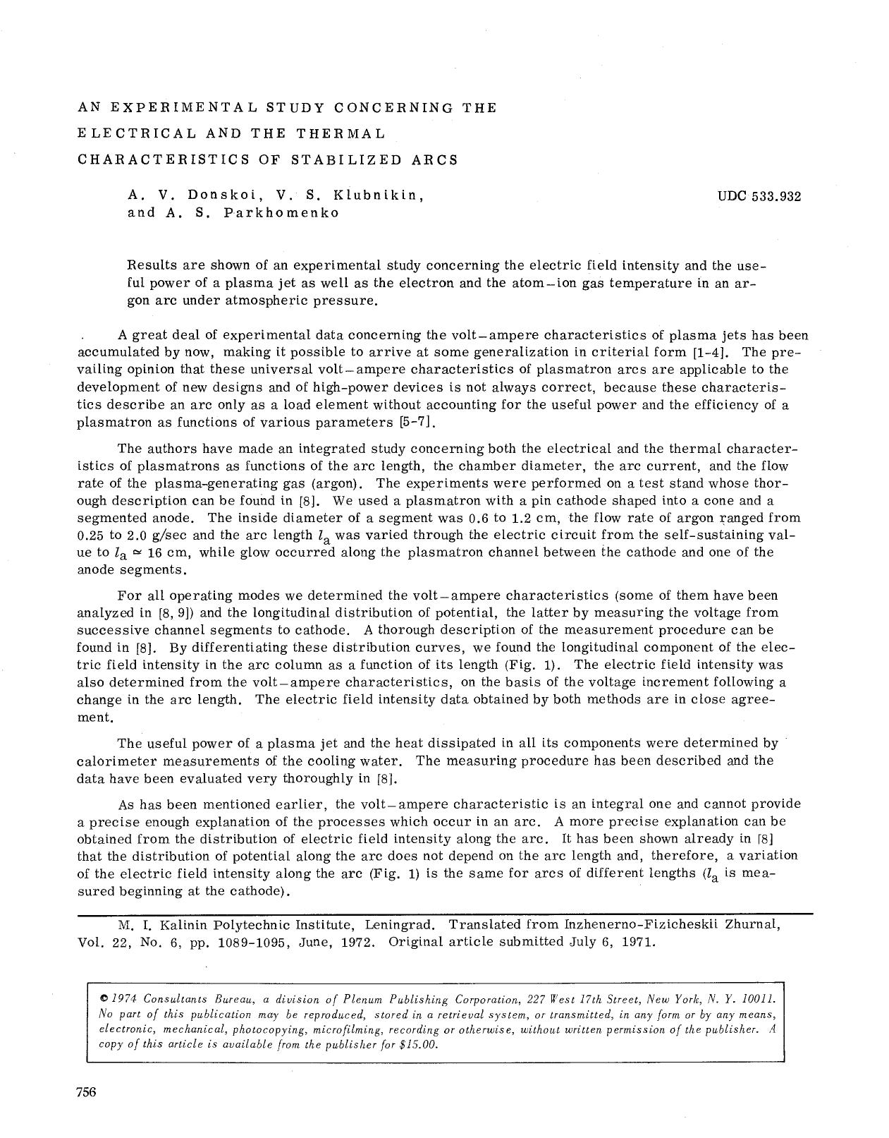 An experimental study concerning the electrical and the thermal characteristics of stabilized arcs by Unknown
