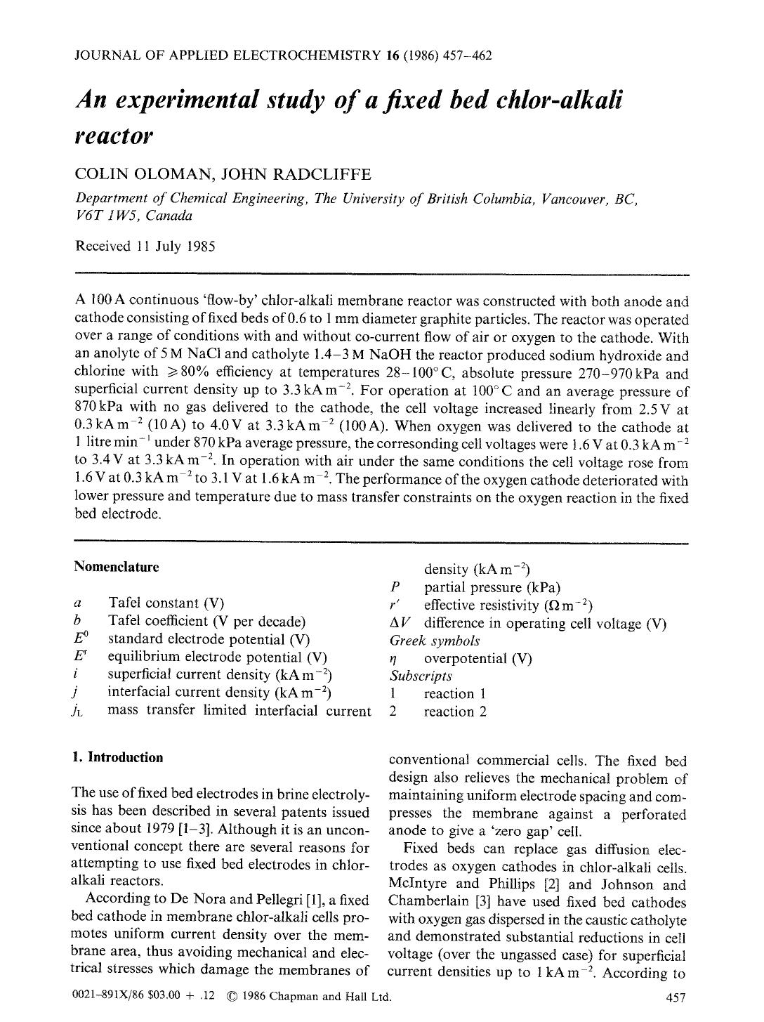 An experimental study of a fixed bed chlor-alkali reactor by Unknown