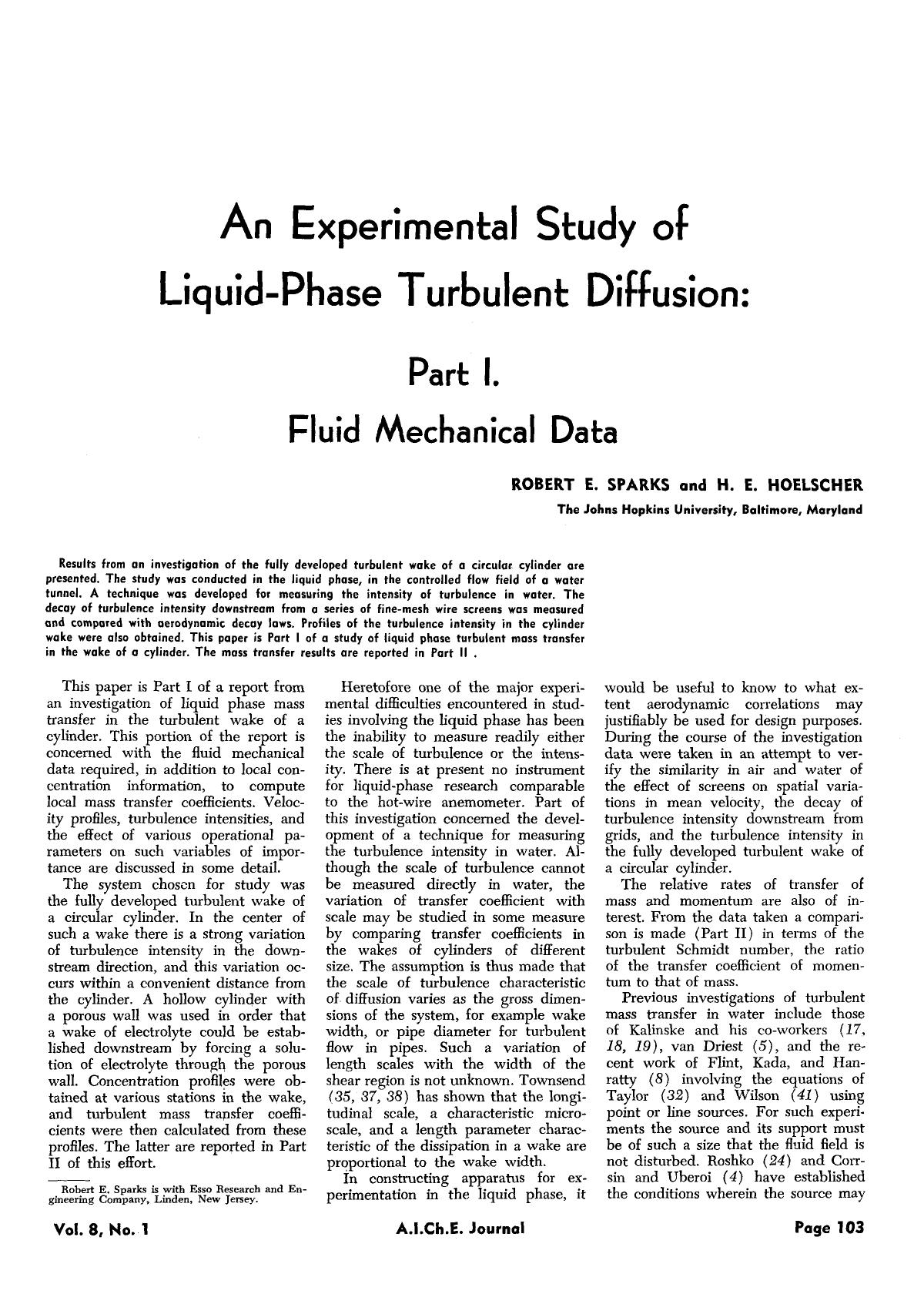 An experimental study of liquid-phase turbulent diffusion: Part I. Fluid mechanical data by Unknown