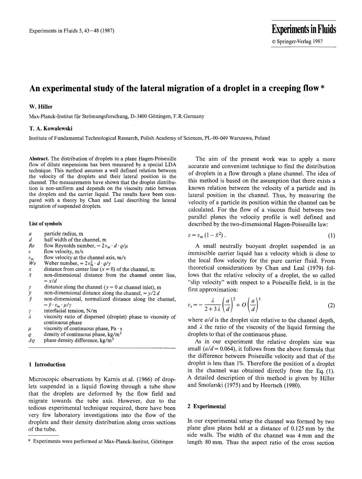 An experimental study of the lateral migration of a droplet in a creeping flow by Unknown