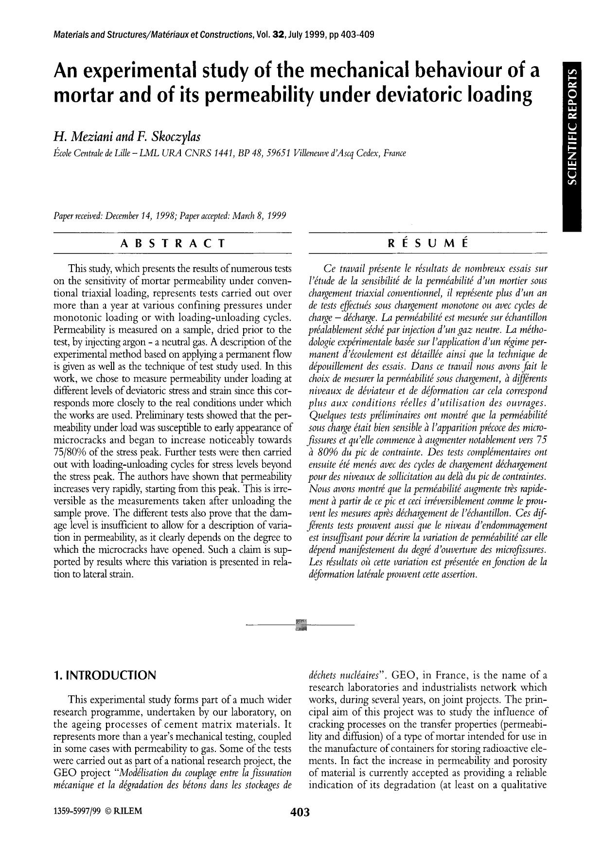 An experimental study of the mechanical behaviour of a mortar and of its permeability under deviatoric loading by Unknown