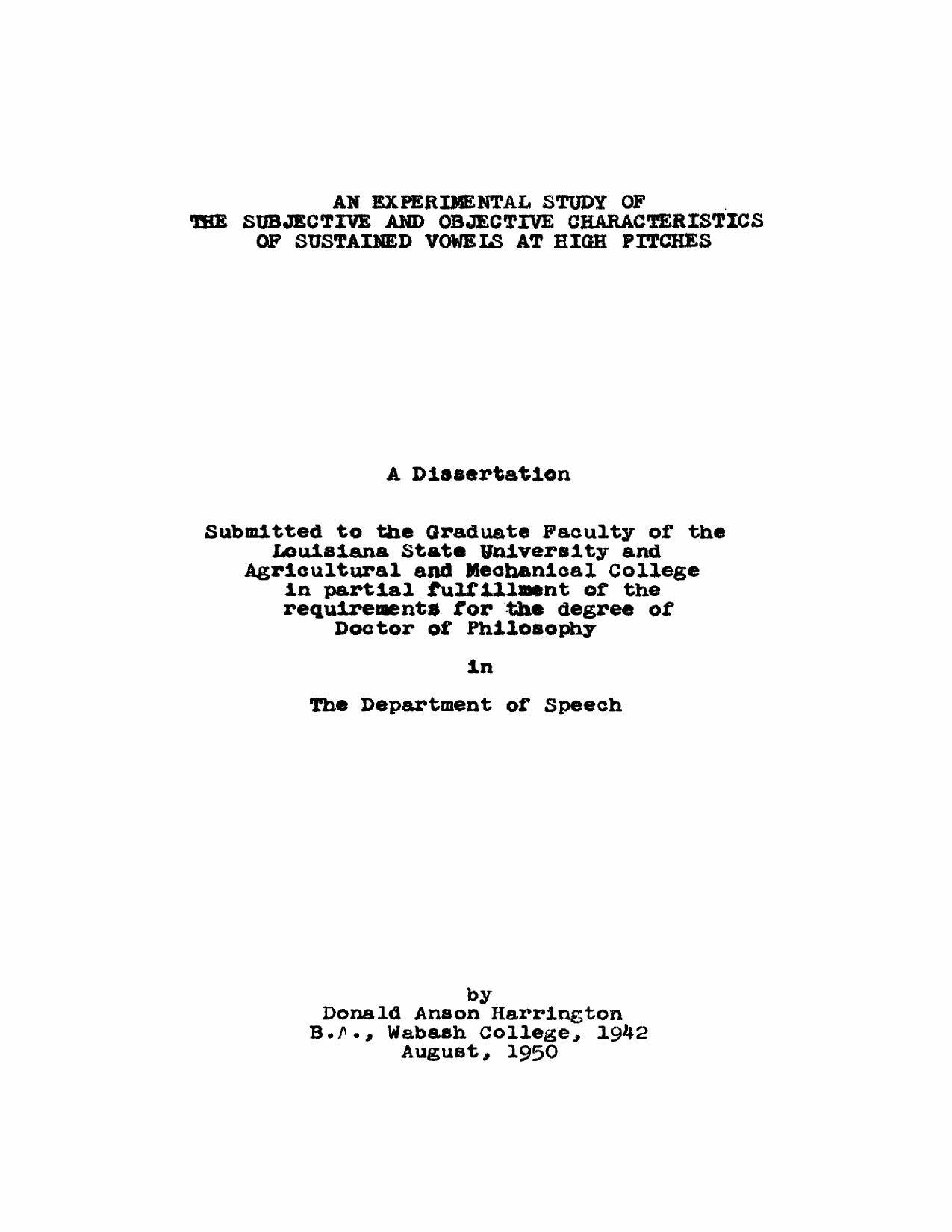 An experimental study of the subjective and objective characteristics of sustained vowels at high pitches by Harrington Donald Anson