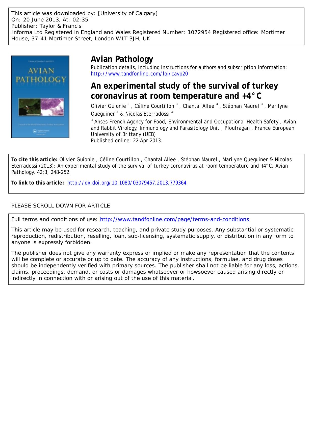An experimental study of the survival of turkey coronavirus at room temperature and +4°C by unknow