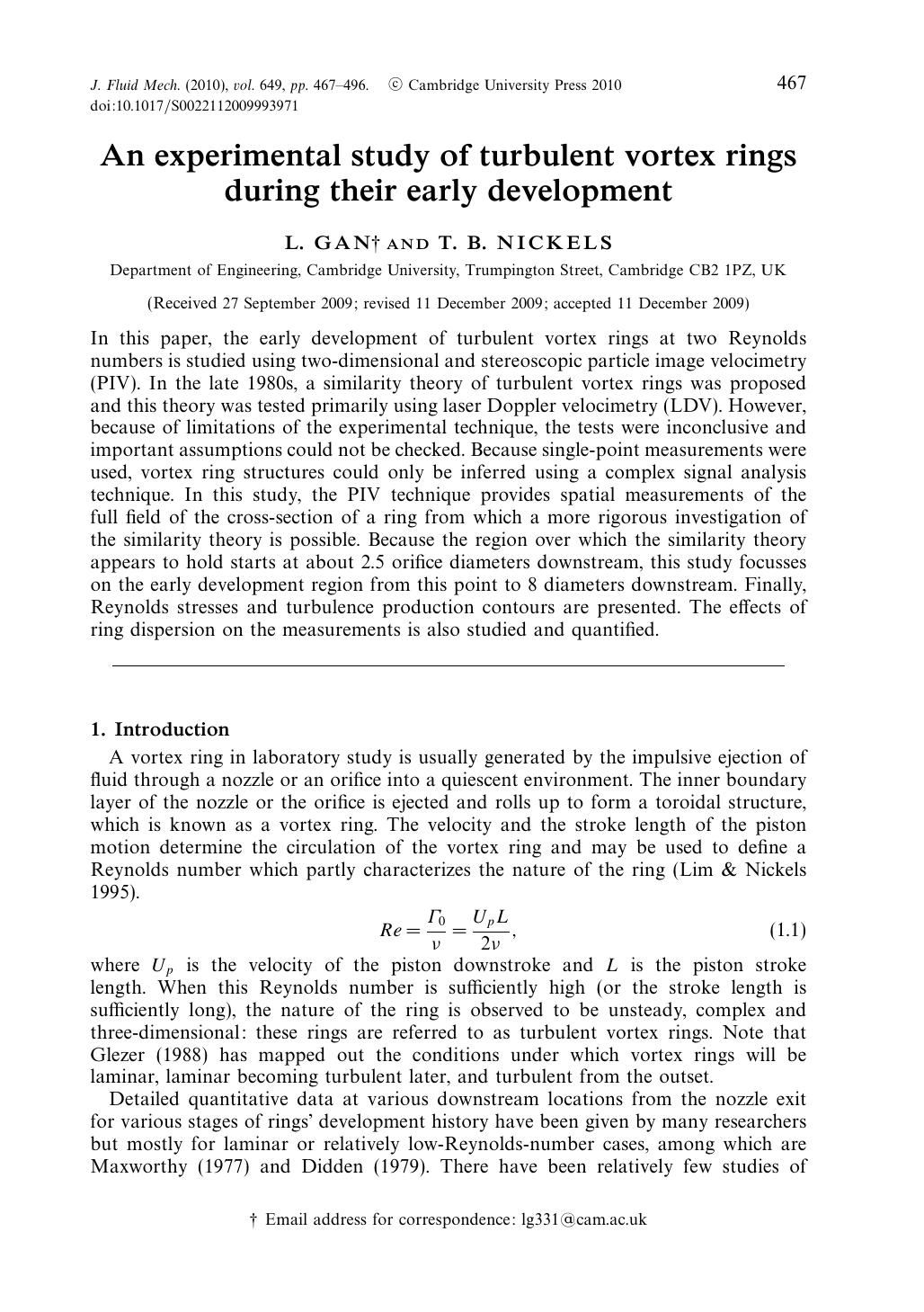 An experimental study of turbulent vortex rings during their early development by L. GAN T. B. NICKELS