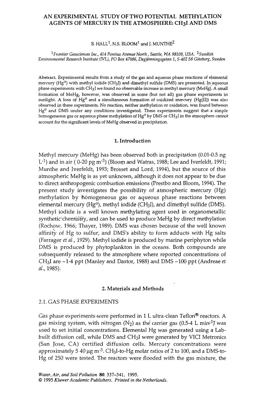 An experimental study of two potential methylation agents of mercury in the atmosphere: CH <Subscript>3 <Subscript>I and DMS by Unknown