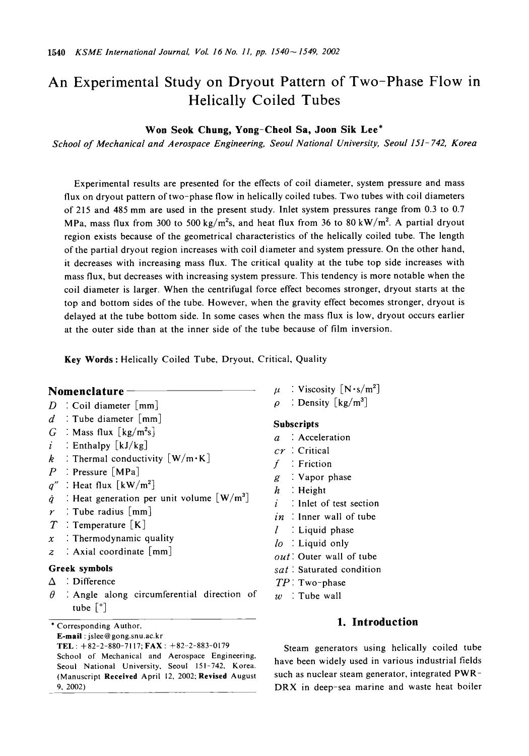 An experimental study on dryout pattern of two-phase flow in helically coiled tubes by Unknown