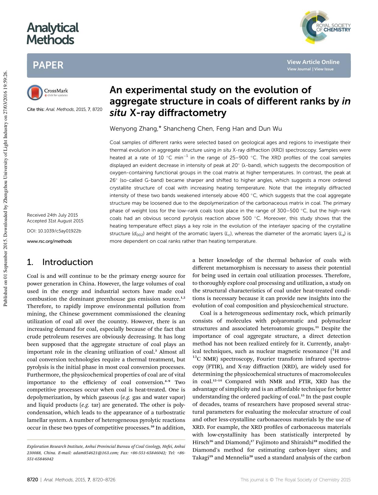 An experimental study on the evolution of aggregate structure in coals of different ranks by in situ X-ray diffractometry by Wenyong Zhang & Shancheng Chen & Feng Han & Dun Wu