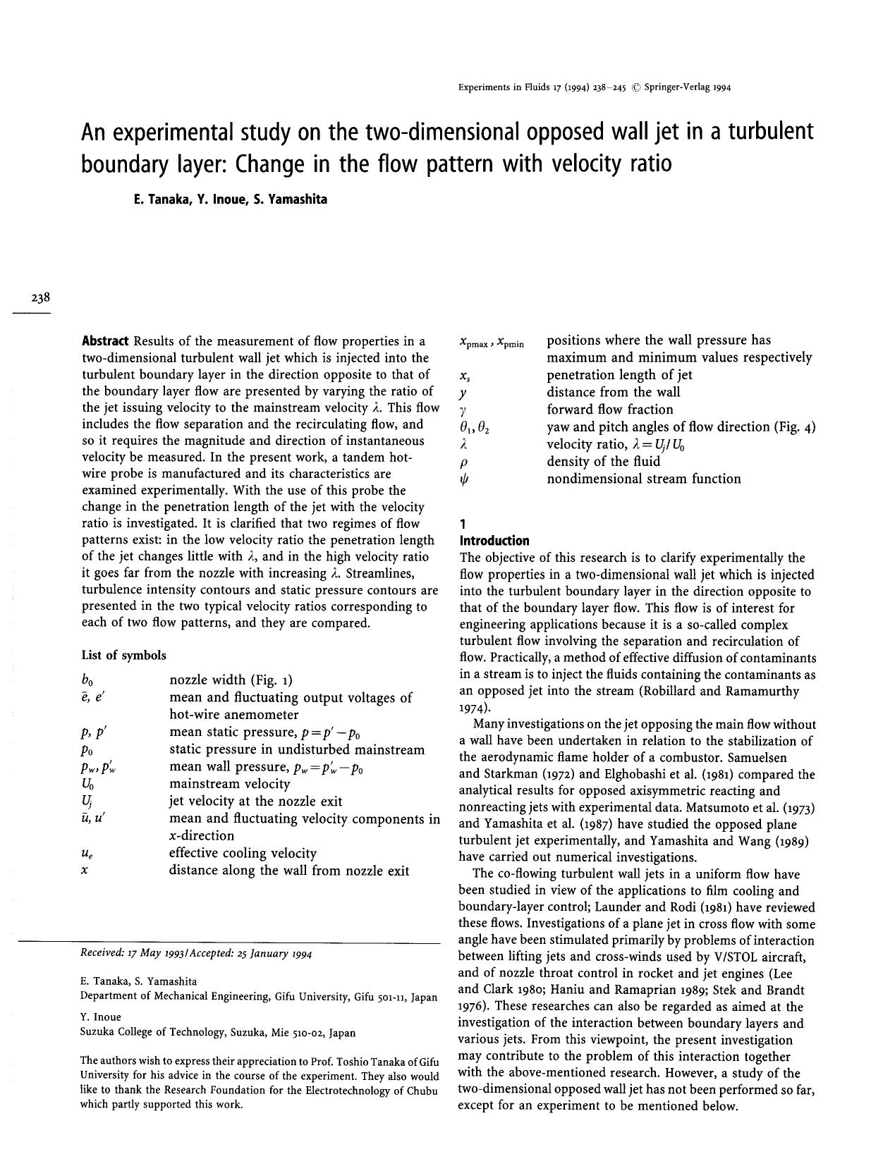 An experimental study on the two-dimensional opposed wall jet in a turbulent boundary layer: Change in the flow pattern with velocity ratio by Unknown