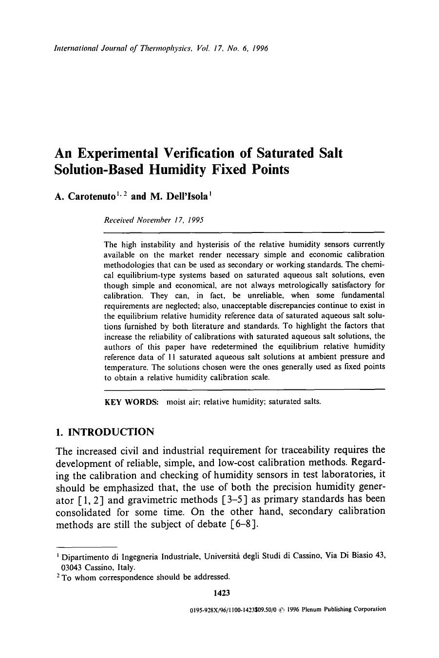 An experimental verification of saturated salt solution-based humidity fixed points by Unknown