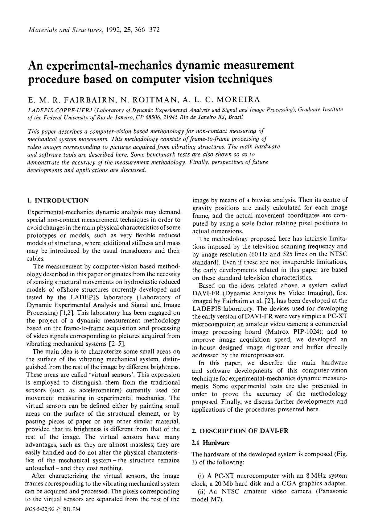 An experimental-mechanics dynamic measurement procedure based on computer vision techniques by Unknown