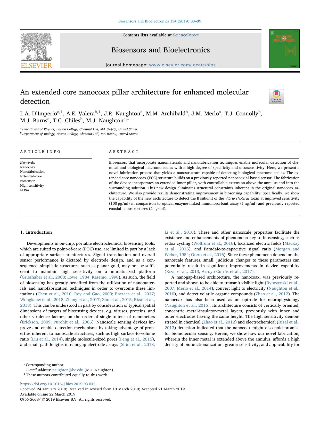 An extended core nanocoax pillar architecture for enhanced molecular detection by unknow