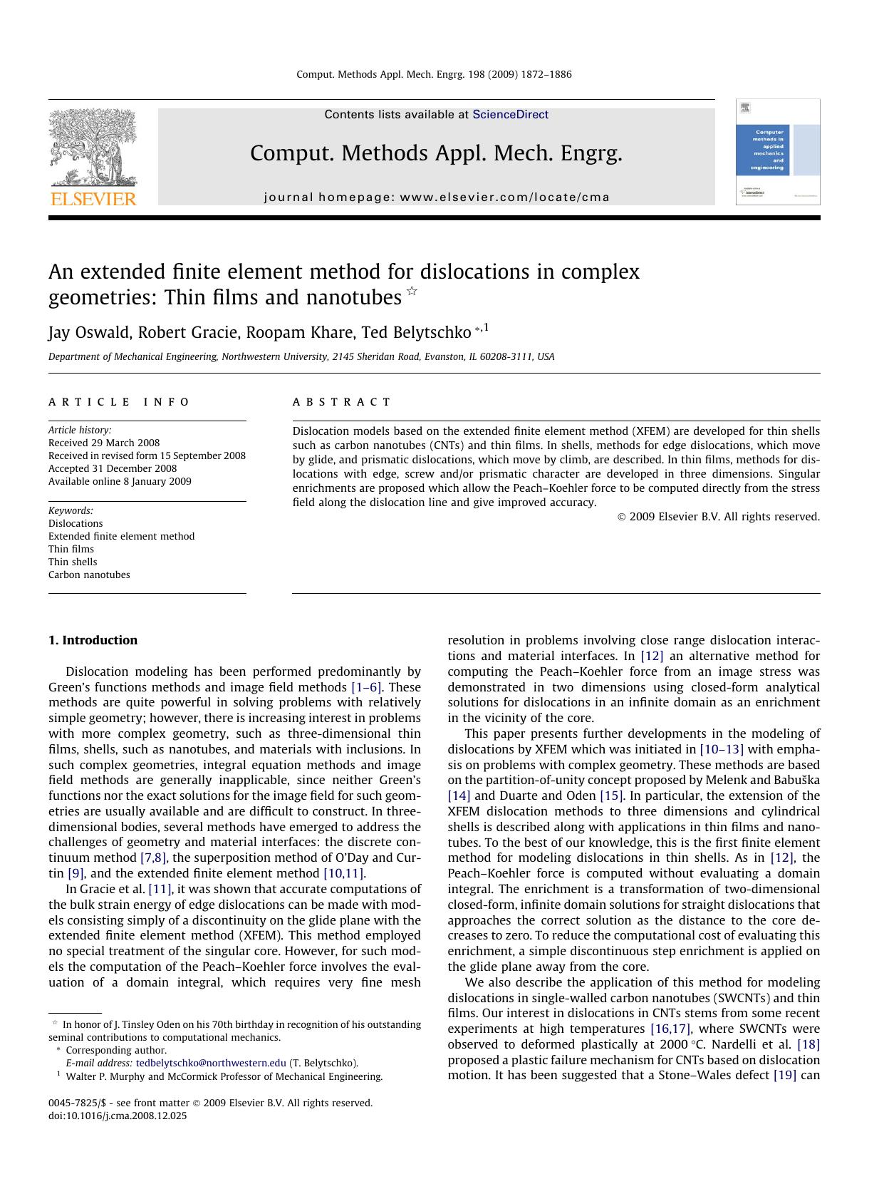 An extended finite element method for dislocations in complex geometries: Thin films and nanotubes by Jay Oswald; Robert Gracie; Roopam Khare; Ted Belytschko