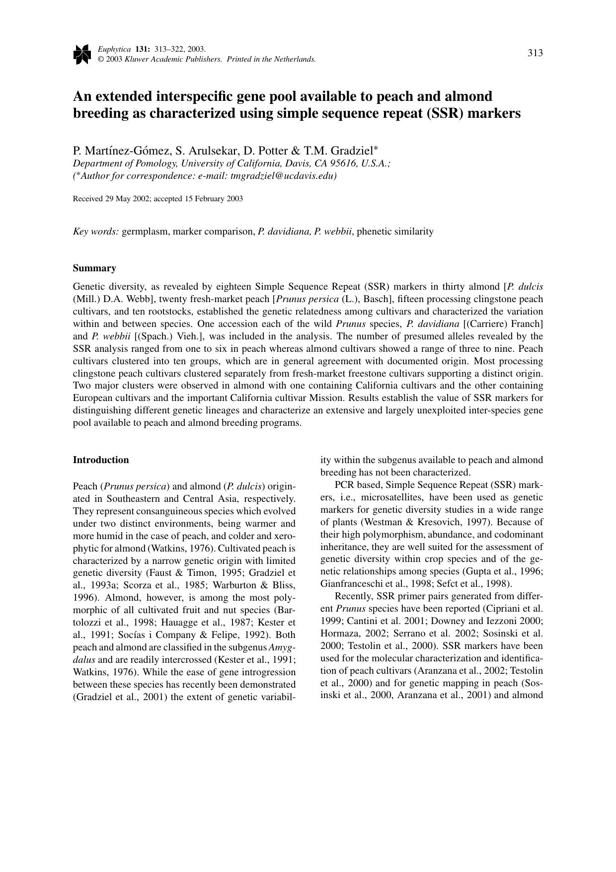 An extended interspecific gene pool available to peach and almond breeding as characterized using simple sequence repeat (SSR) markers by Unknown