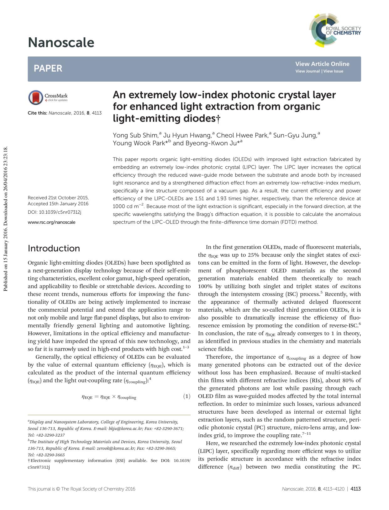 An extremely low-index photonic crystal layer for enhanced light extraction from organic light-emitting diodes by Yong Sub Shim Ju Hyun Hwang Cheol Hwee Park Sun-Gyu Jung Young Wook Park Byeong-Kwon Ju