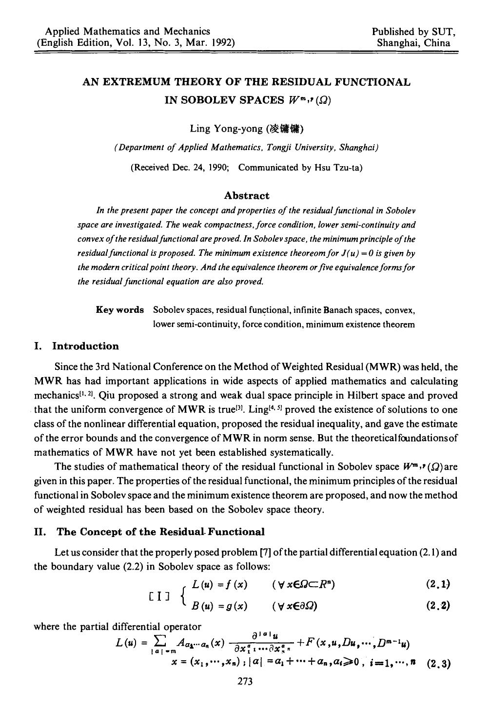 An extremum theory of the residual functional in Sobolev spaces <Emphasis Type="Italic">W <Emphasis> <Superscript>m,p <Superscript>(&#x03C9;) by Unknown