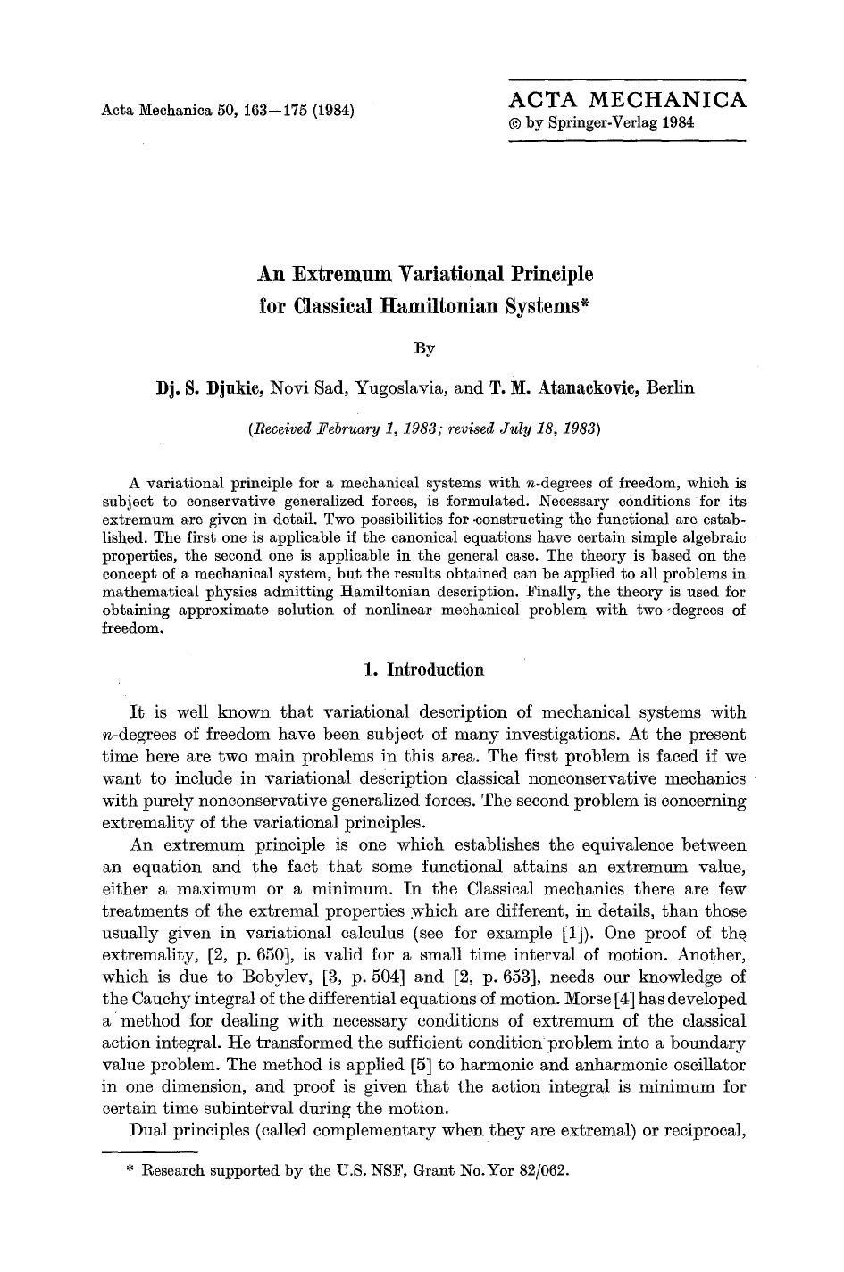 An extremum variational principle for classical Hamiltonian systems by Unknown