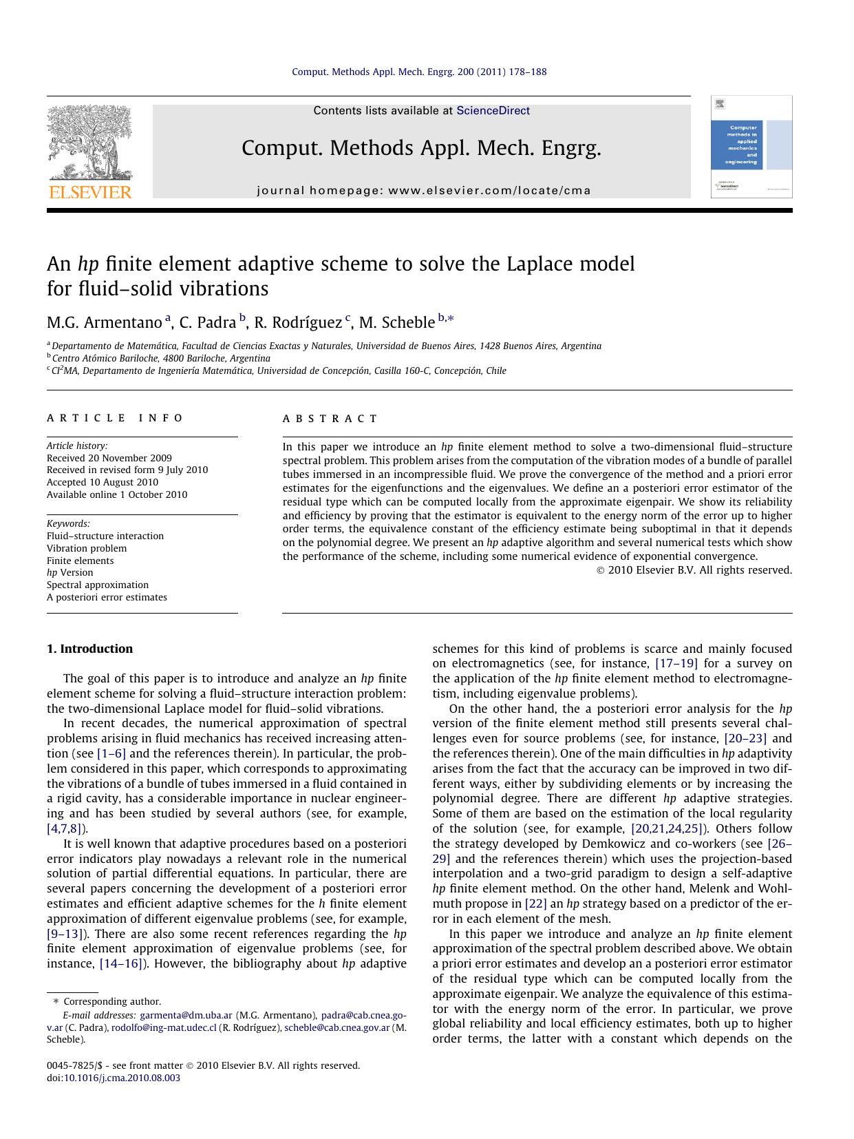 An hp finite element adaptive scheme to solve the Laplace model for fluidÃ¢â¬âsolid vibrations by M.G. Armentano & C. Padra & R. Rodríguez & M. Scheble