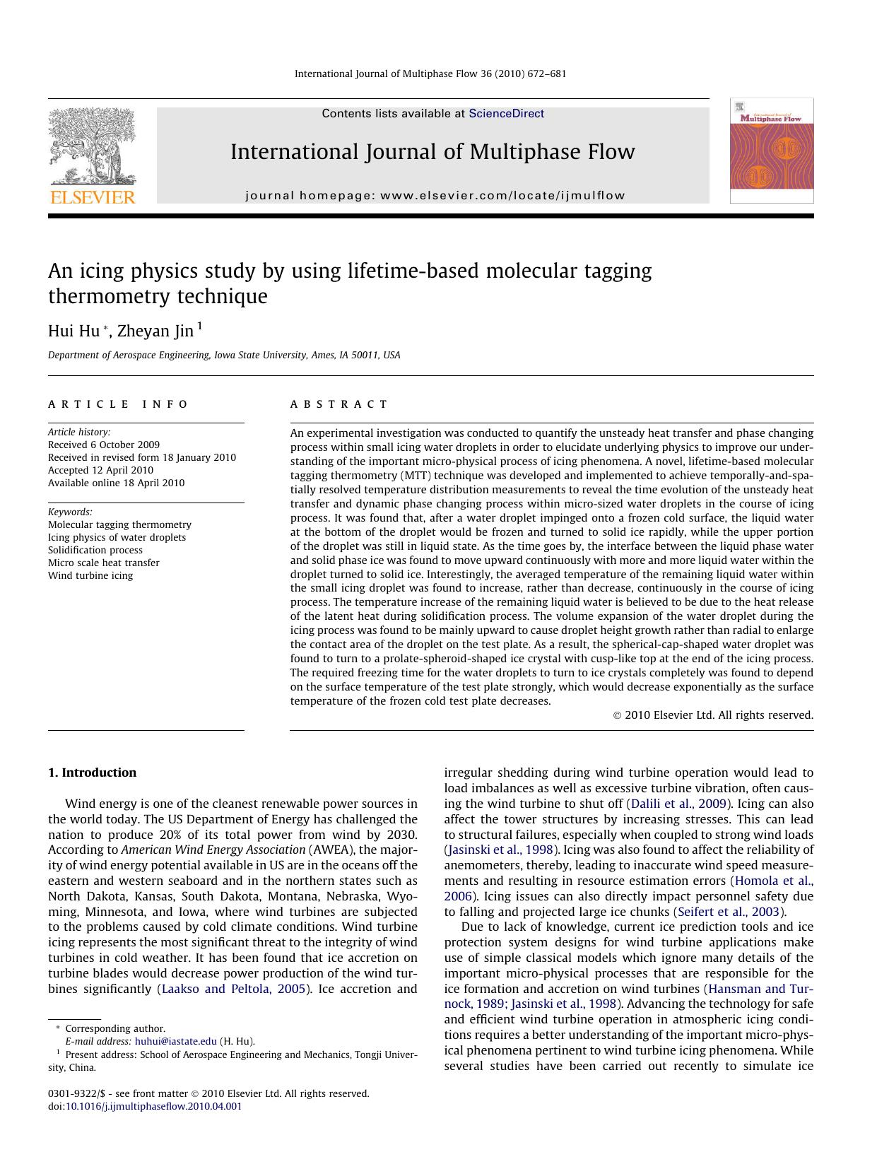 An icing physics study by using lifetime-based molecular tagging thermometry technique by Hui Hu; Zheyan Jin