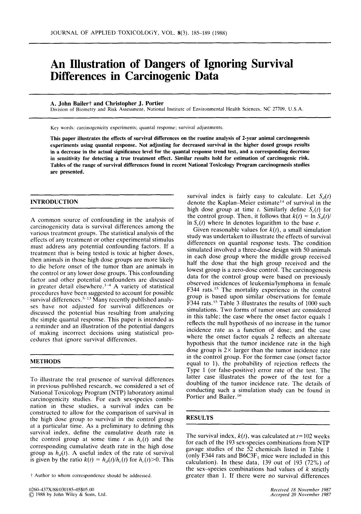 An illustration of dangers of ignoring survival differences in carcinogenic data by Unknown