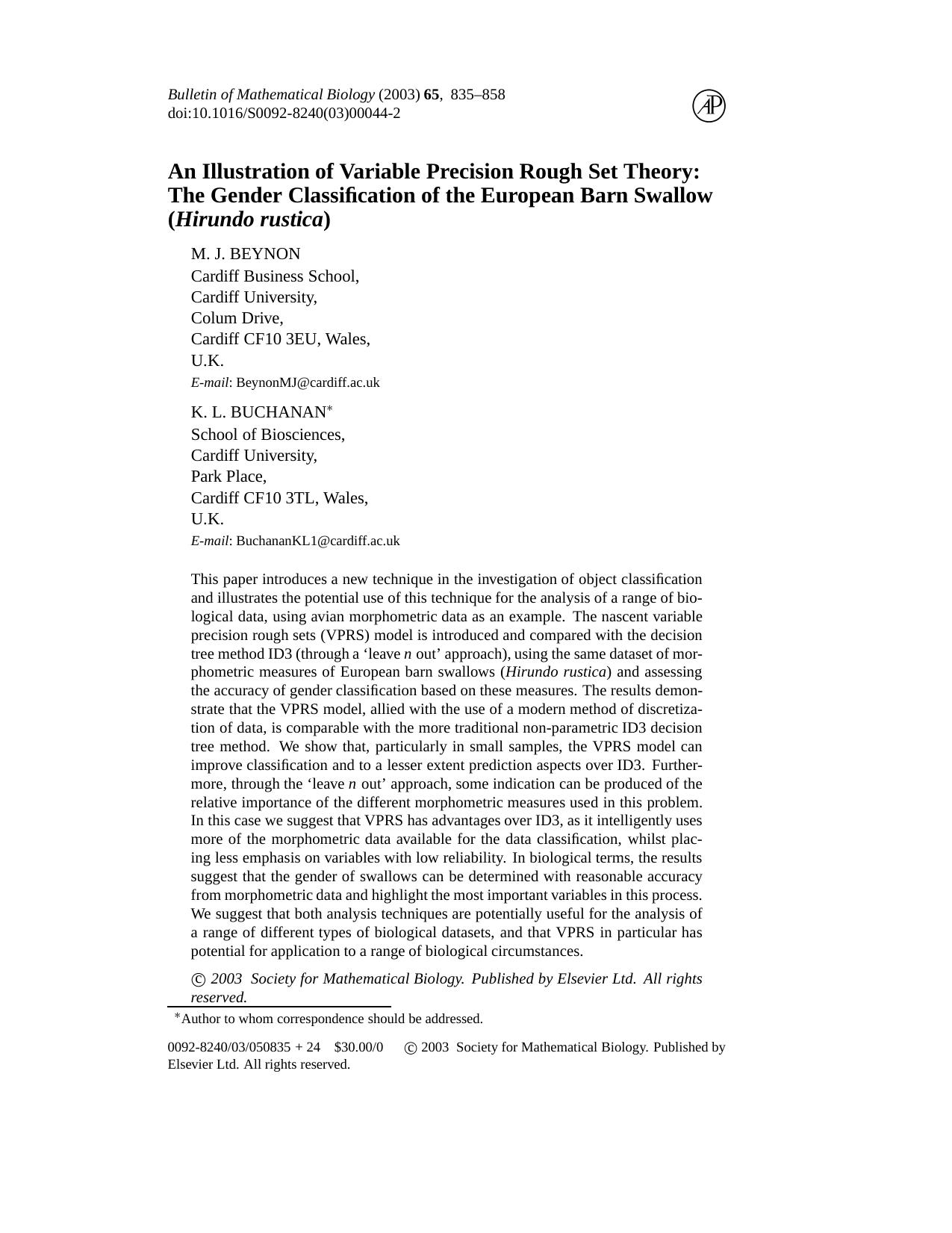 An illustration of variable precision rough set theory: The gender classification of the European barn swallow (<Emphasis Type="Italic">Hirundo rustica<Emphasis>) by Unknown