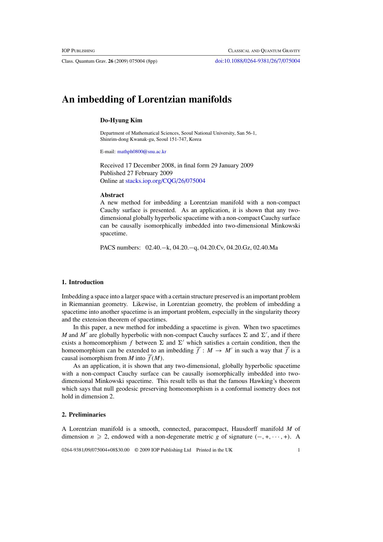 An imbedding of Lorentzian manifolds by D-H Kim