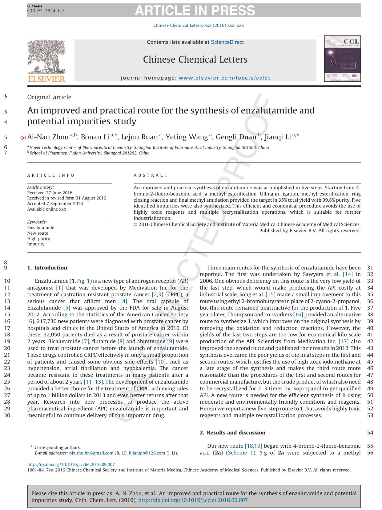 An improved and practical route for the synthesis of enzalutamide and potential impurities study by Ai-Nan Zhou & Bonan Li & Lejun Ruan & Yeting Wang & Gengli Duan & Jianqi Li
