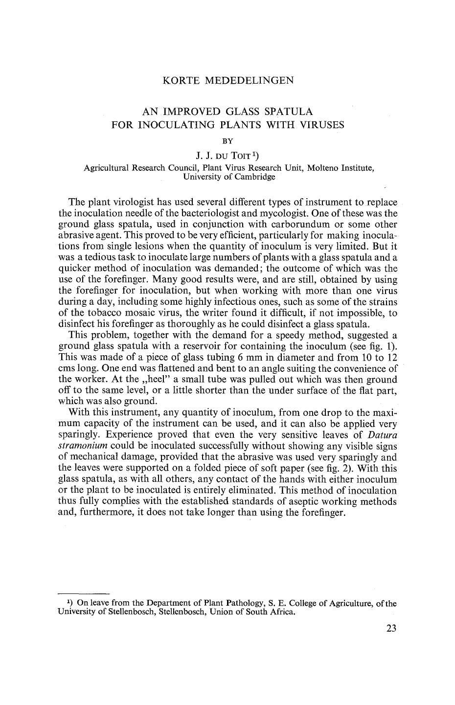 An improved glass spatula for inoculating plants with viruses by Unknown