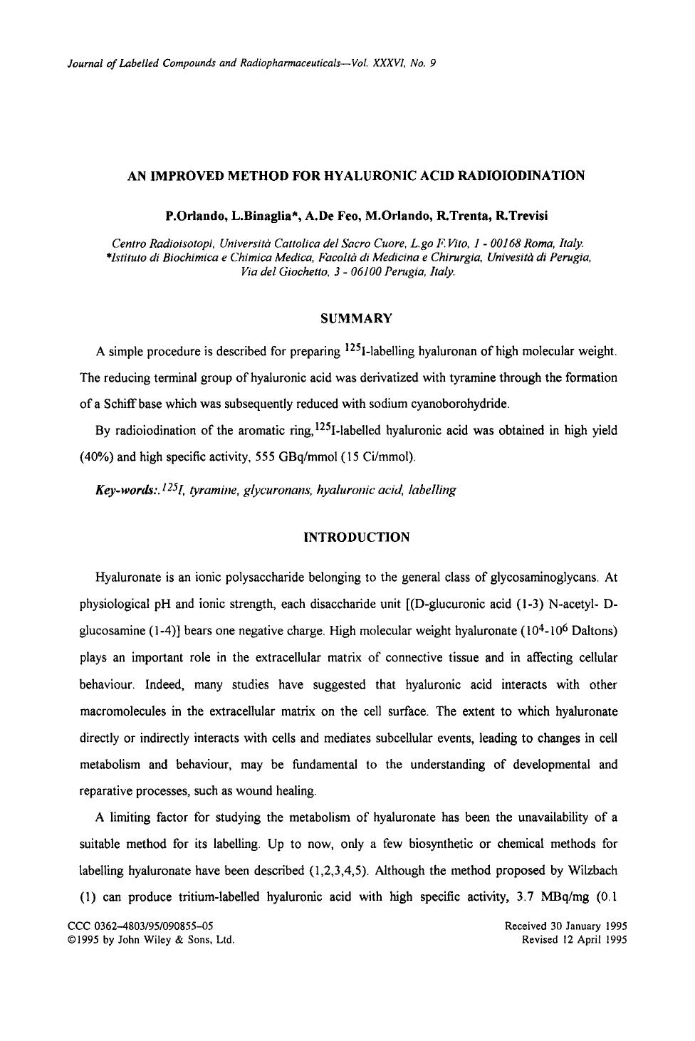An improved method for hyaluronic acid radioiodination by Unknown