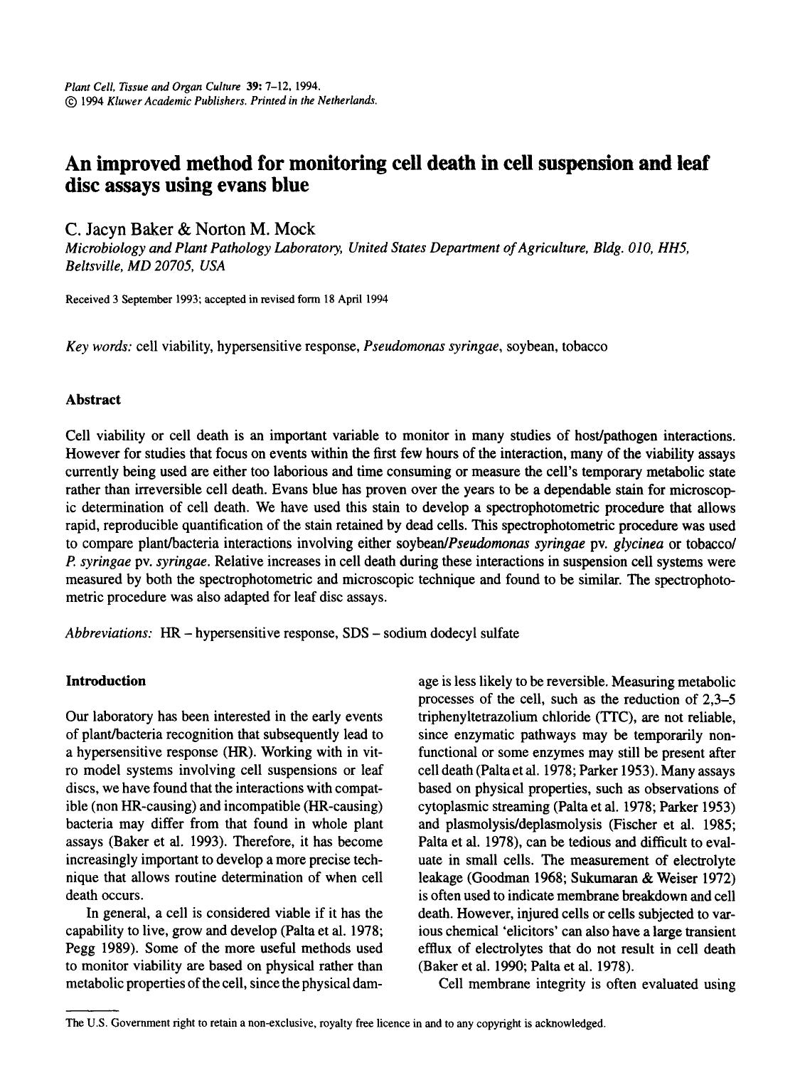 An improved method for monitoring cell death in cell suspension and leaf disc assays using evans blue by Unknown