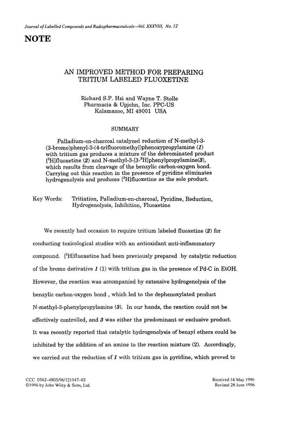 An improved method for preparing tritium labeled fluoxetine by Unknown