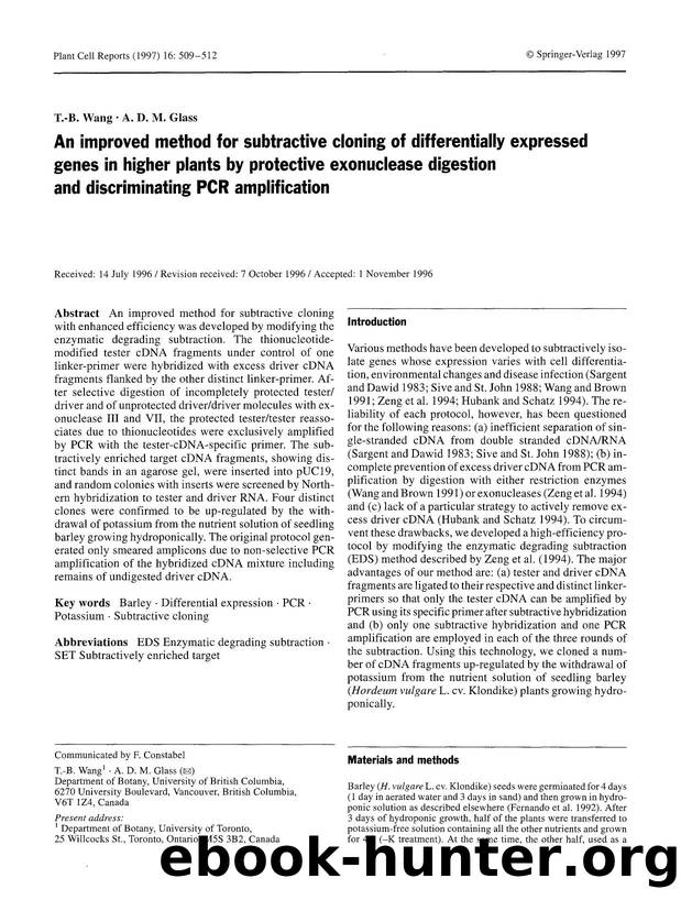 An improved method for subtractive cloning of differentially expressed genes in higher plants by protective exonuclease digestion and discriminating PCR amplification by Unknown