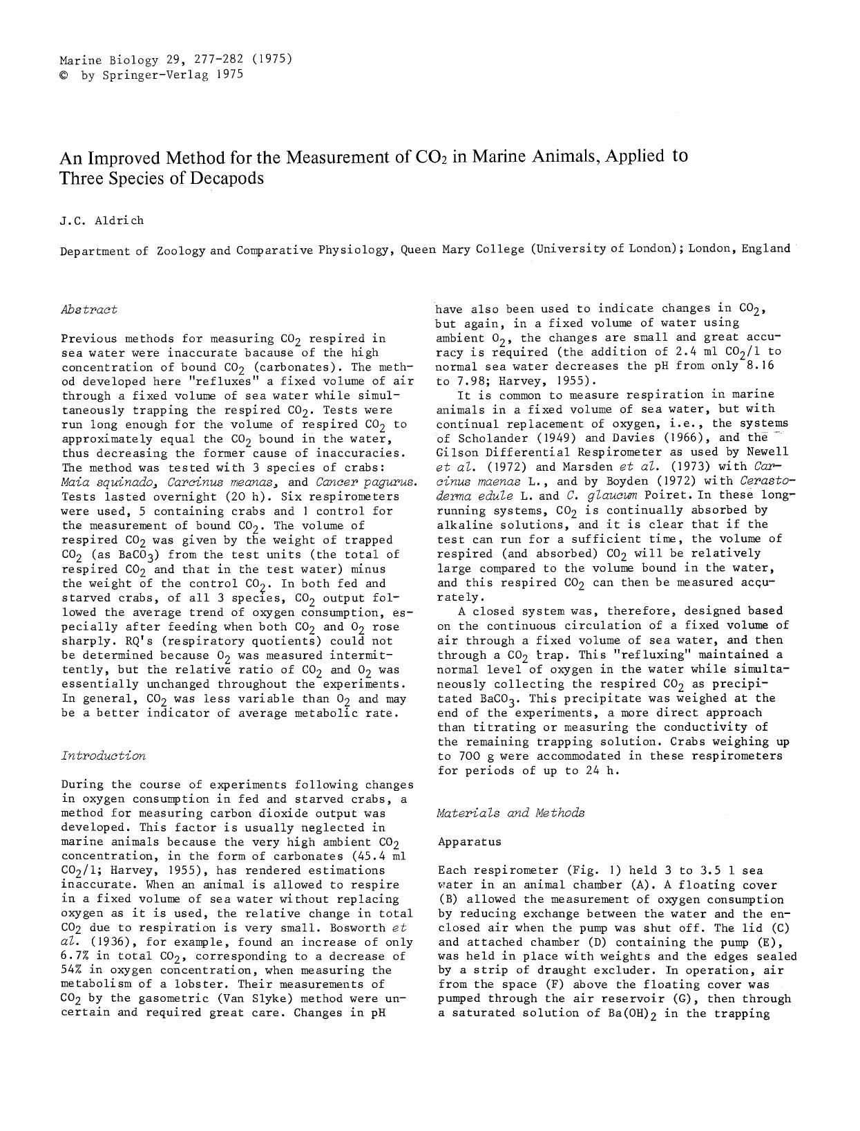 An improved method for the measurement of CO<Subscript>2<Subscript> in marine animals, applied to three species of decapods by Unknown
