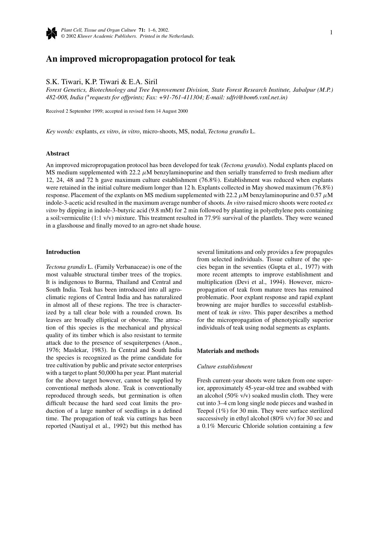 An improved micropropagation protocol for teak by Unknown