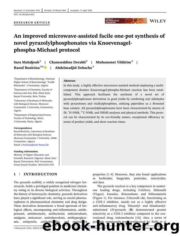 An improved microwaveâassisted facile oneâpot synthesis of novel pyrazolylphosphonates via KnoevenagelâphosphaâMichael protocol by Unknown