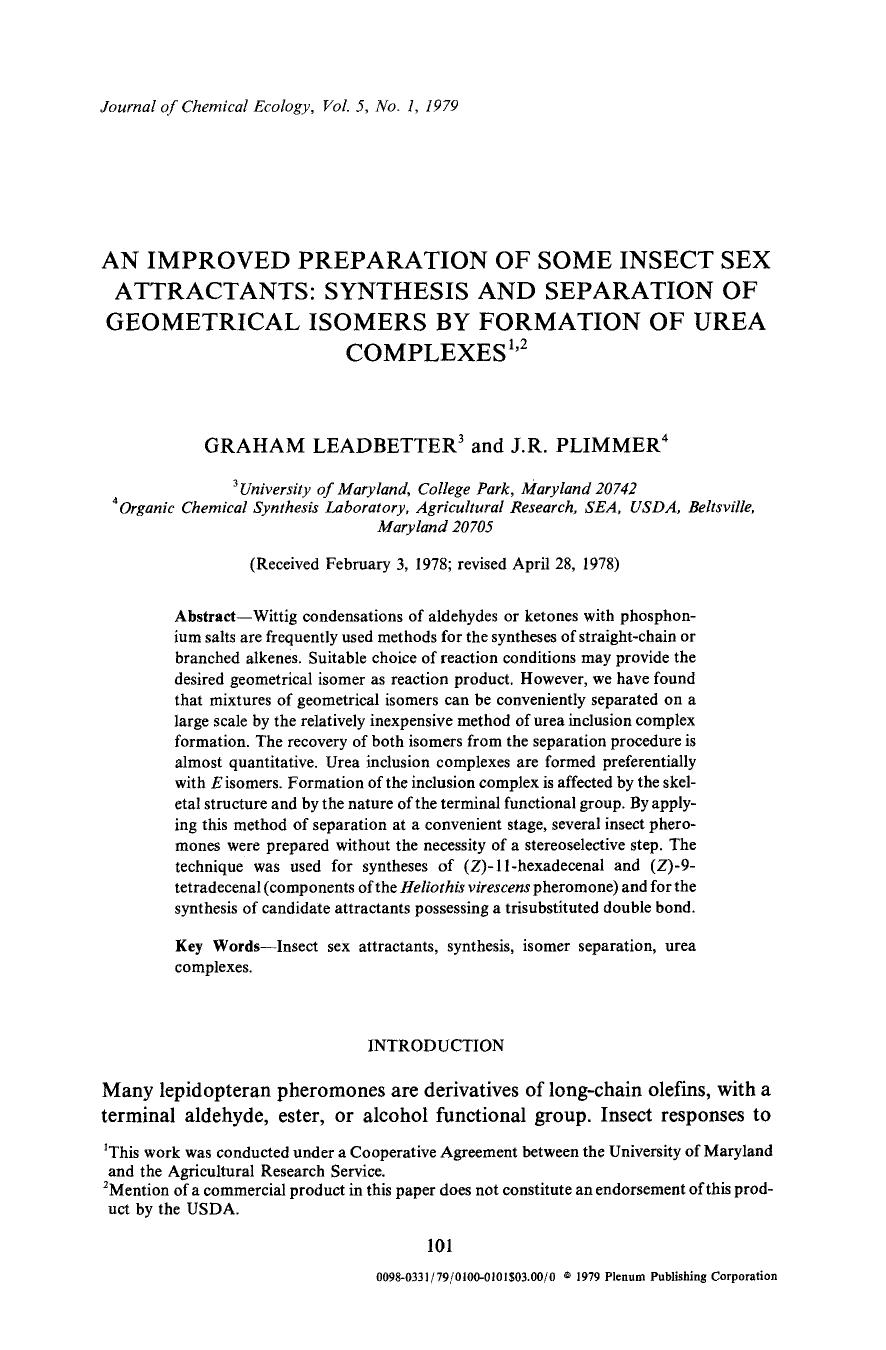 An improved preparation of some insect sex attractants: Synthesis and separation of geometrical isomers by formation of urea complexes by Unknown