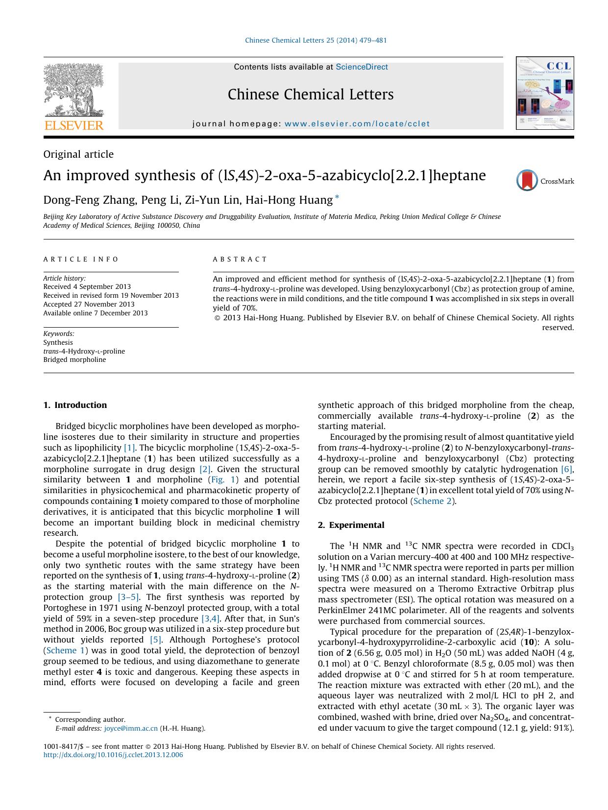 An improved synthesis of (lS,4S)-2-oxa-5-azabicyclo[2.2.1]heptane by Dong-Feng Zhang